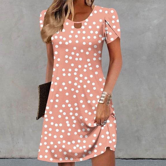 Sokhug Summer Dresses for Women 2026 Short Sleeve Polka Dot Print Keyhole Neck Tunic Dress Casual Loose Fit Mini Dress