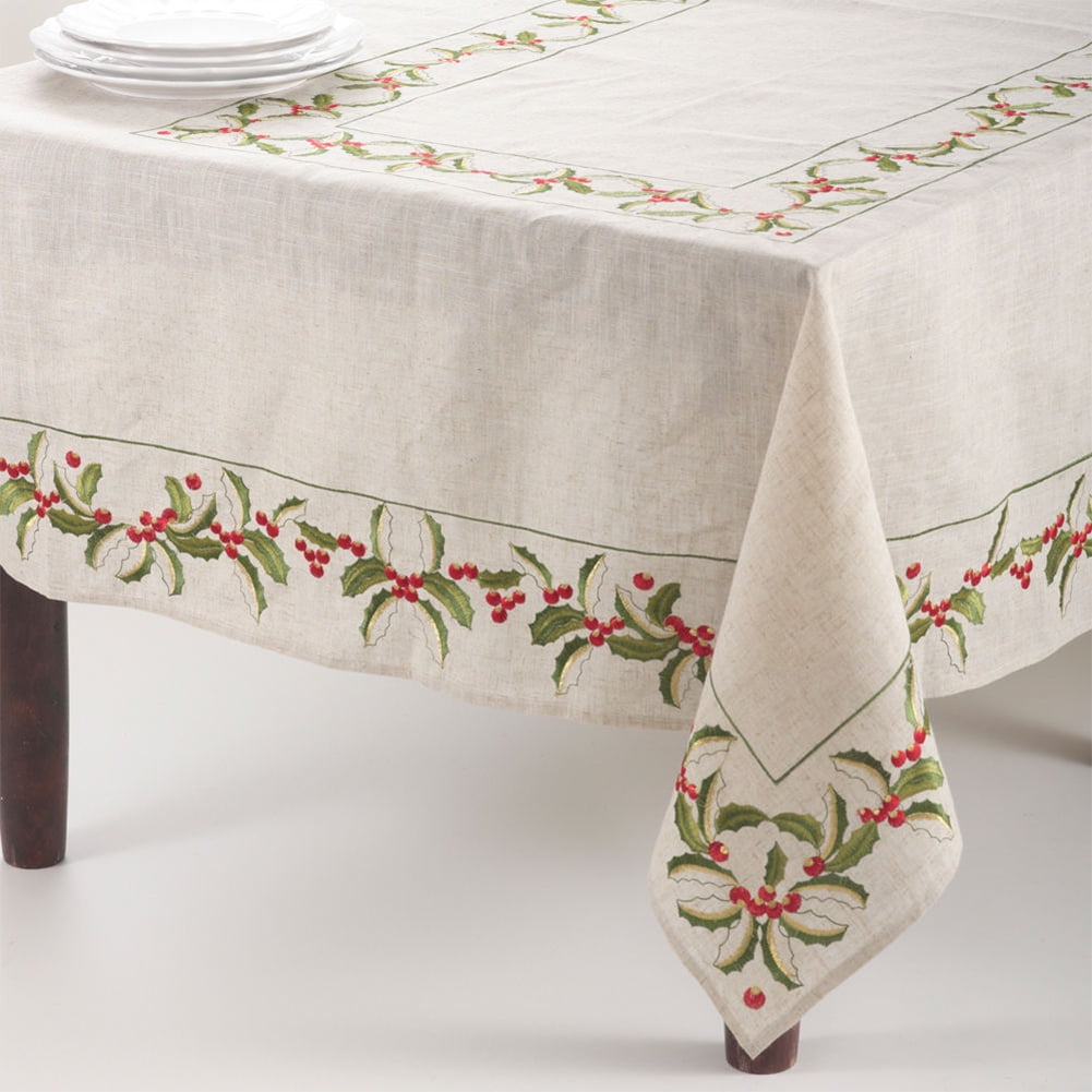 Holiday Embroidered Holly Design Tablecloth, Natural Color (65"x120