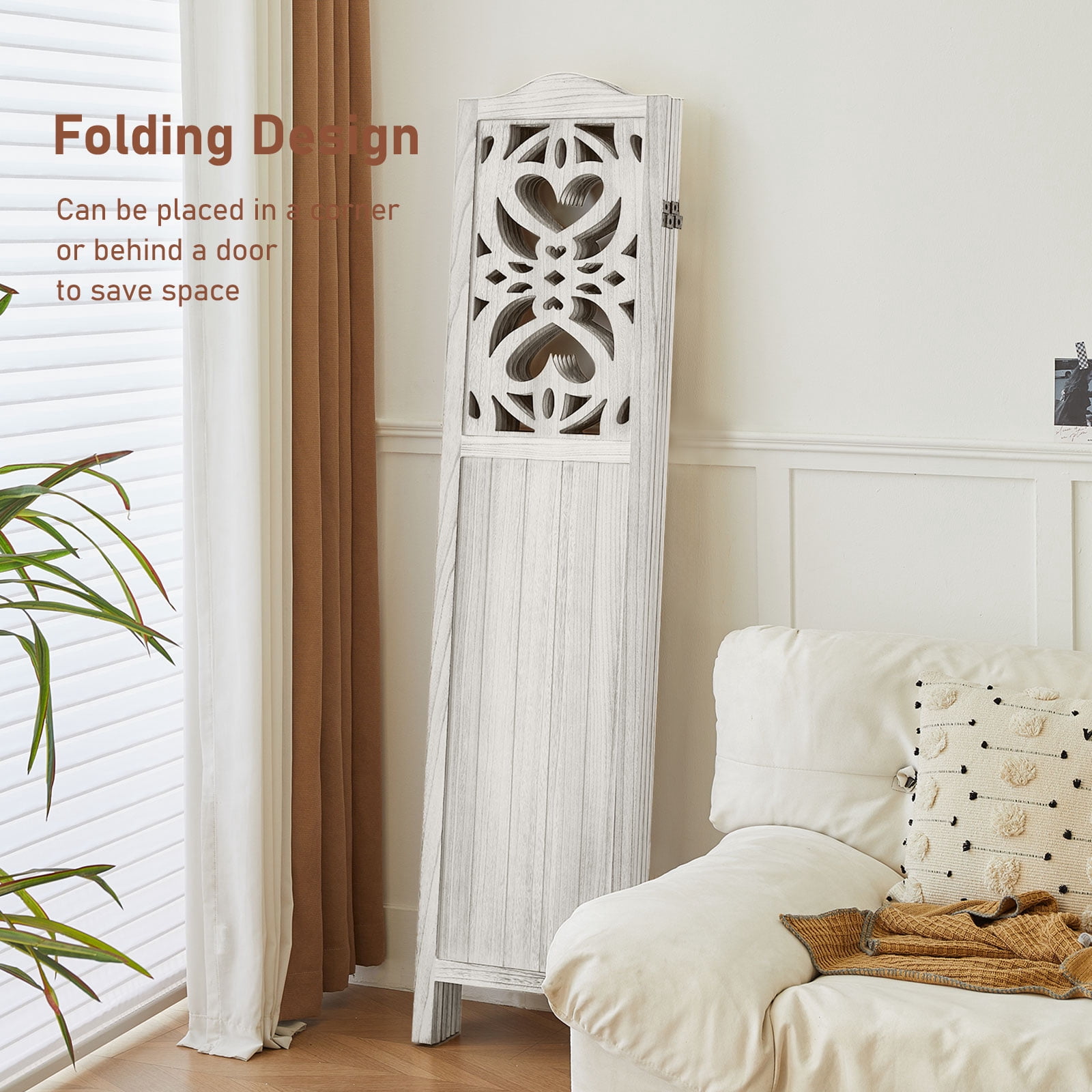 Aletheiawu 4 Panel Wood Room Dividers and Folding Screens, No Installation Required, Rustic White