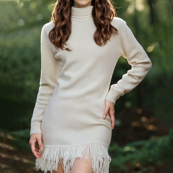 BSDJILFG Sweater Dresses for Women Fall Winter Dressy Turtleneck Ripped Tassel Fringe Hem Chunky Knit Mini Dress