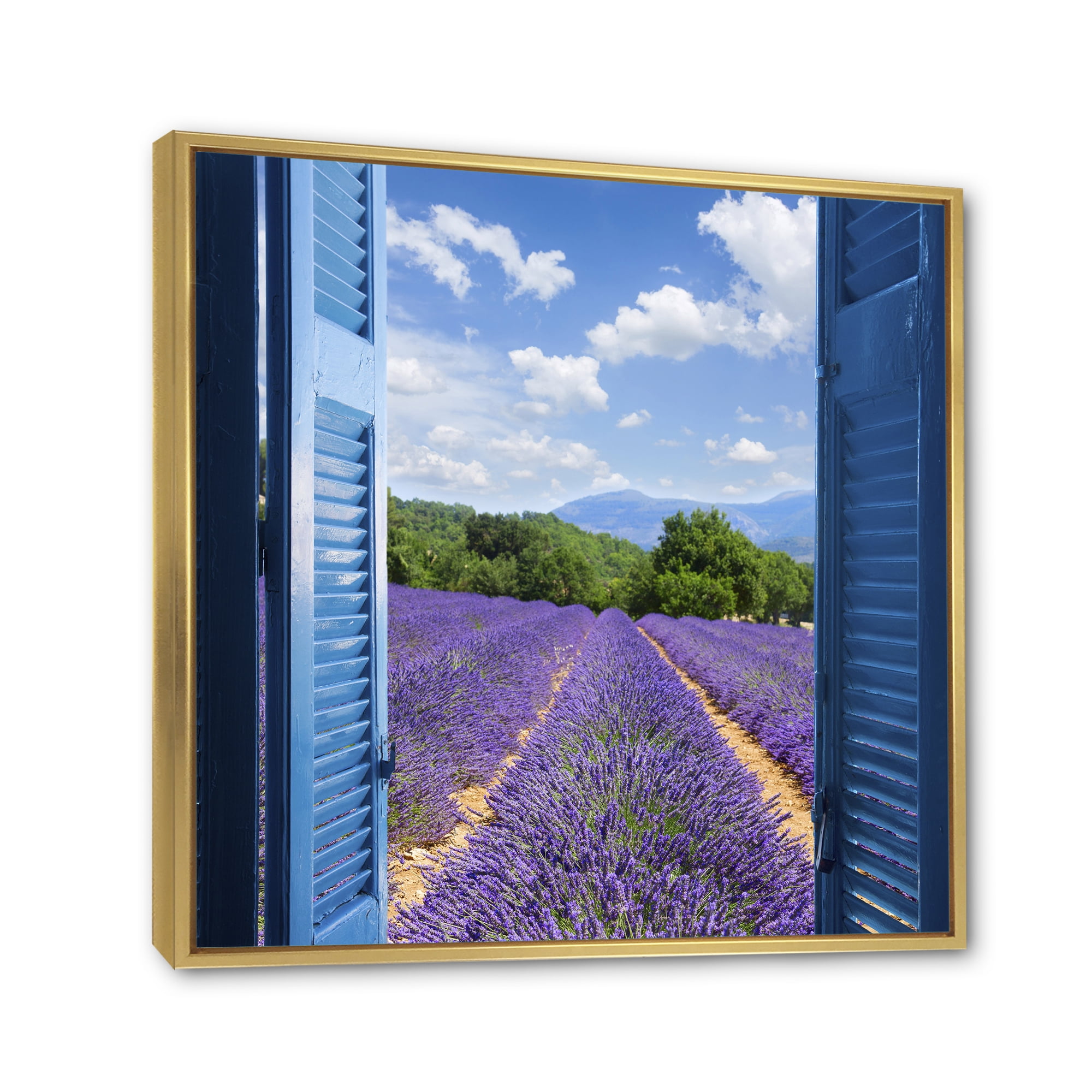 Designart 'View of Lavender Field Through Blue Open Cottage Window' Farmhouse Framed Canvas Wall Art Print