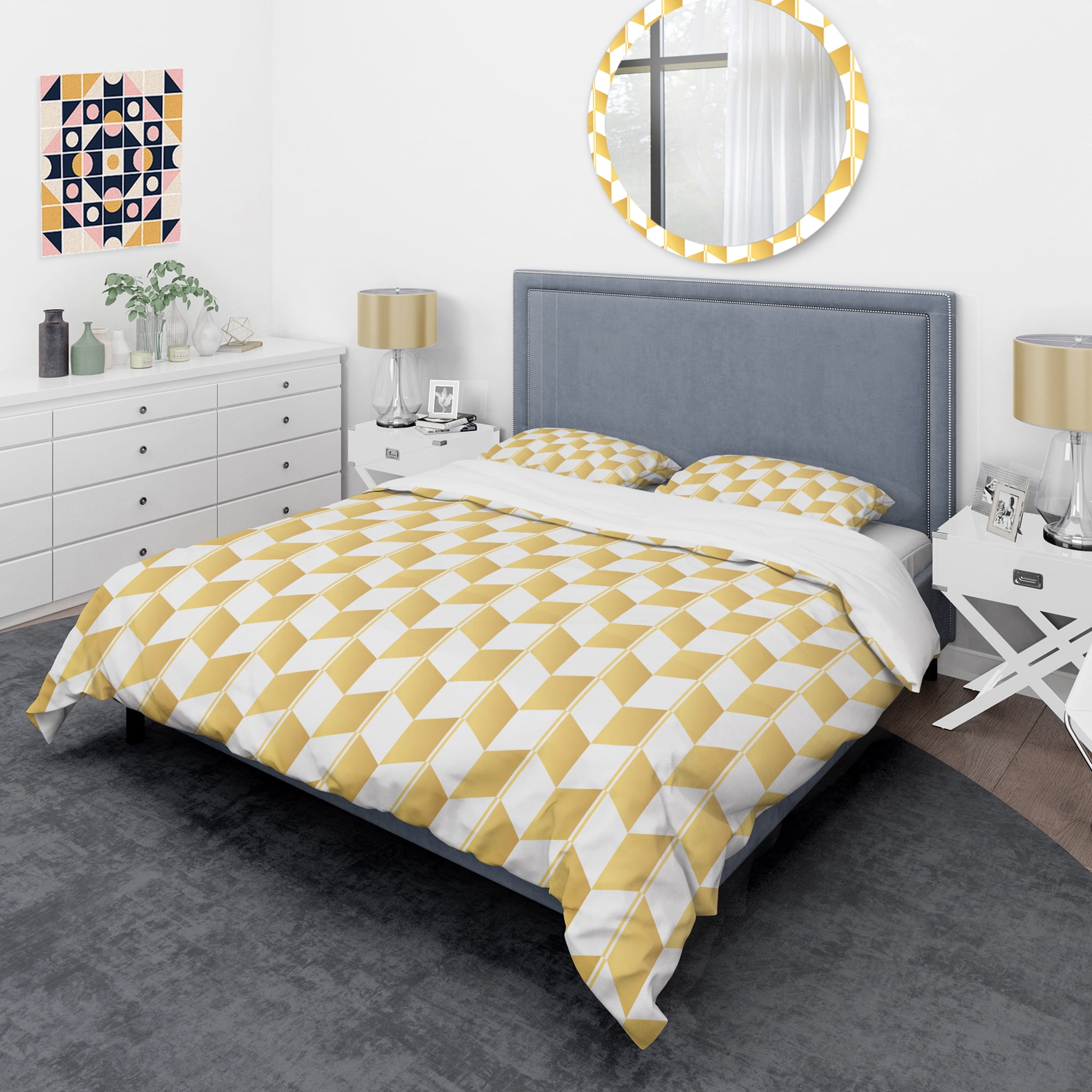 Designart 'Gold And White Geometric Pattern I' Mid-Century Modern Duvet Cover Set