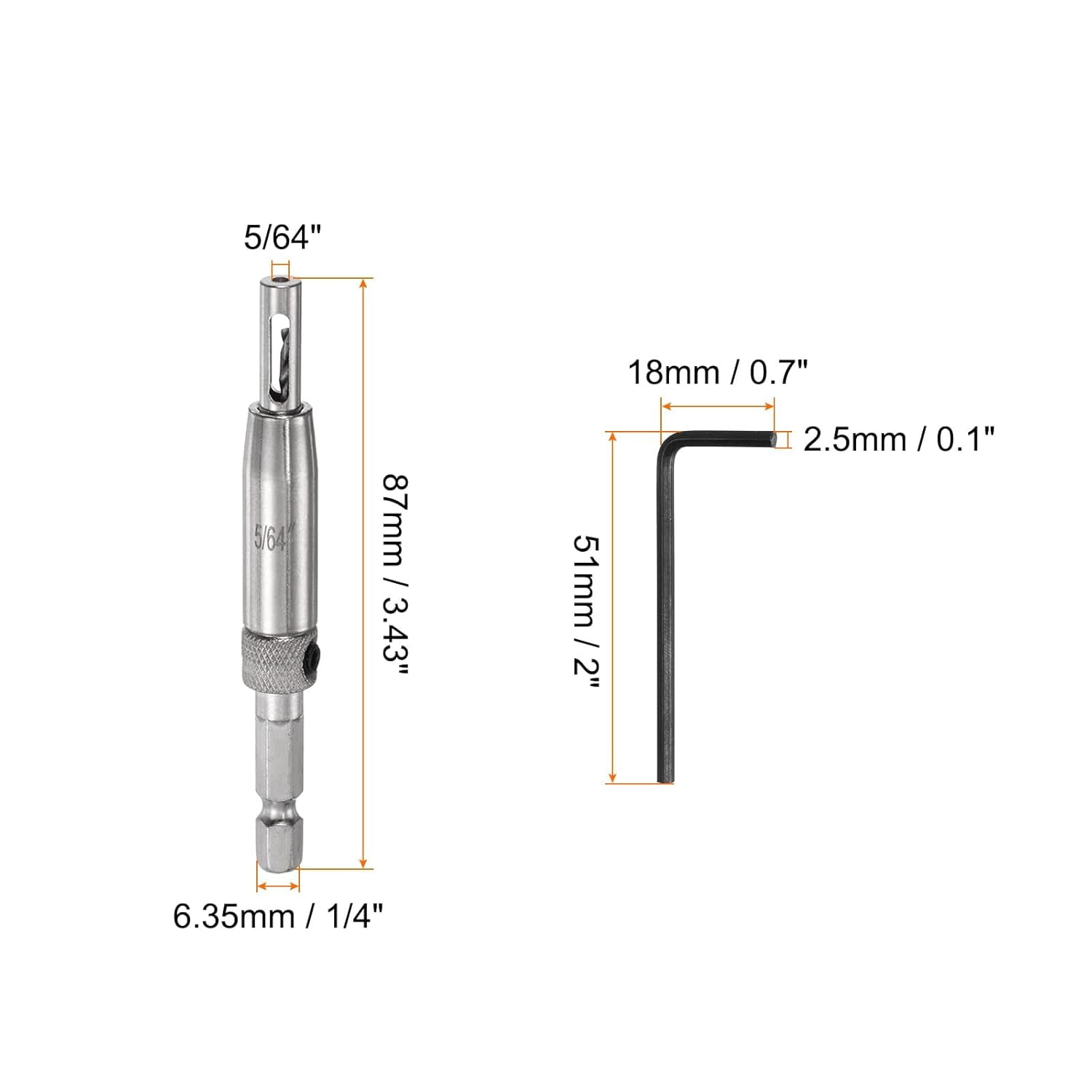 FRKSMD-2pcs Self Centering Drill Bit Set 5/64", 1/4" Hex Shank Drilling Bits for Wood Working, Cabinet Door Hinge Hole Punch Tool Self Center with Hex Keys L-Shaped, Silver