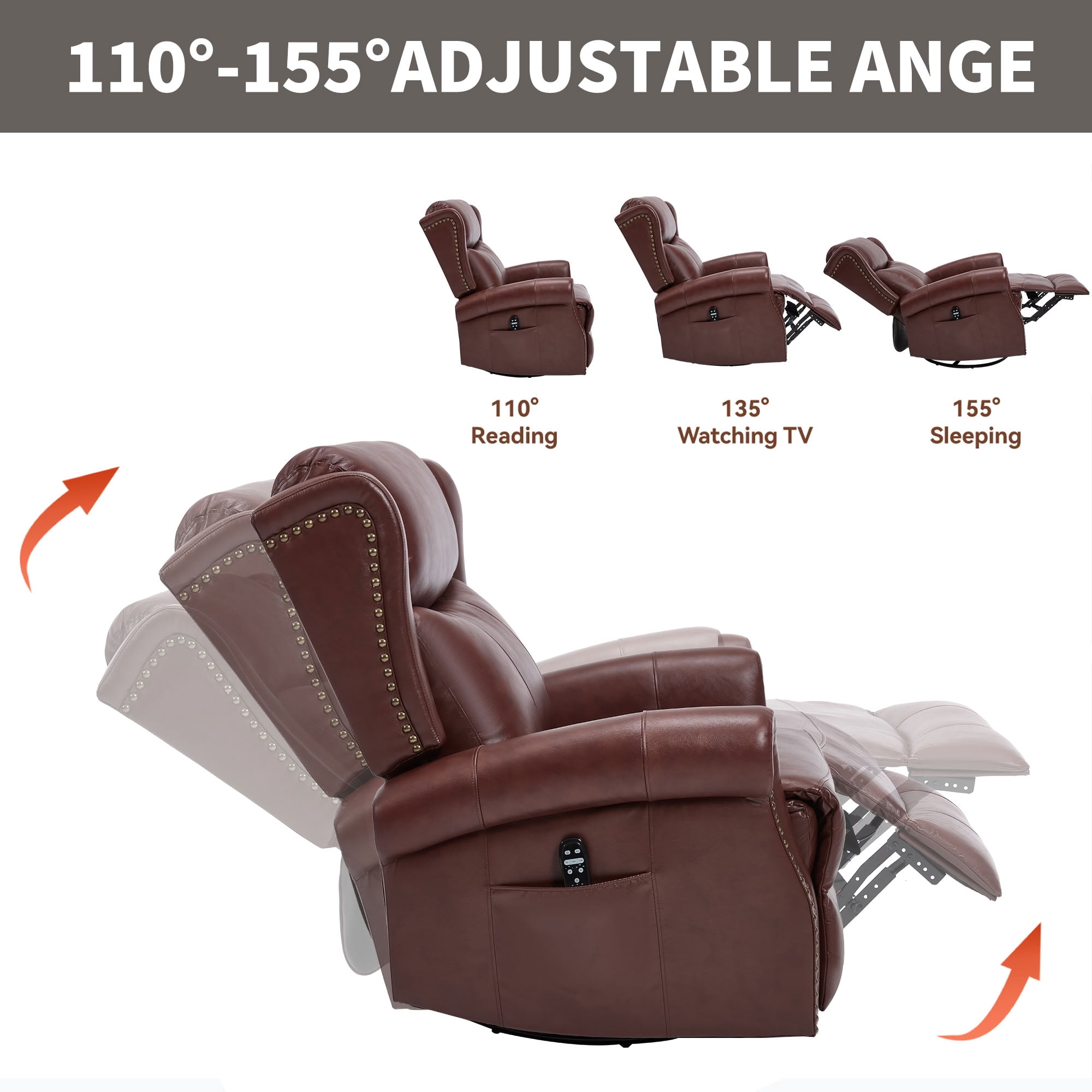 MAYEERTY 360 Degree Swivel Rocker Recliner Chair, Genuine Leather Manual Recline Glider Armchair with 8-Point Vibration Massage & Lumbar Heat, for Living Room Home Theater