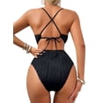 thumbnail image 2 of Deago Women's Sexy One Piece Swimsuit Plunge Deep V Neck Cutout Bathing Suits Textured Ruched Crisscross Back Self Tie Swimwear (Black, S), 2 of 9