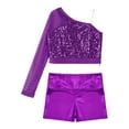 thumbnail image 3 of iiniim Kids Girls Jazz Hip Hop Dance Sequins Mesh Long Sleeve One Shoulder Dance Top with Shorts Purple 12, 3 of 7