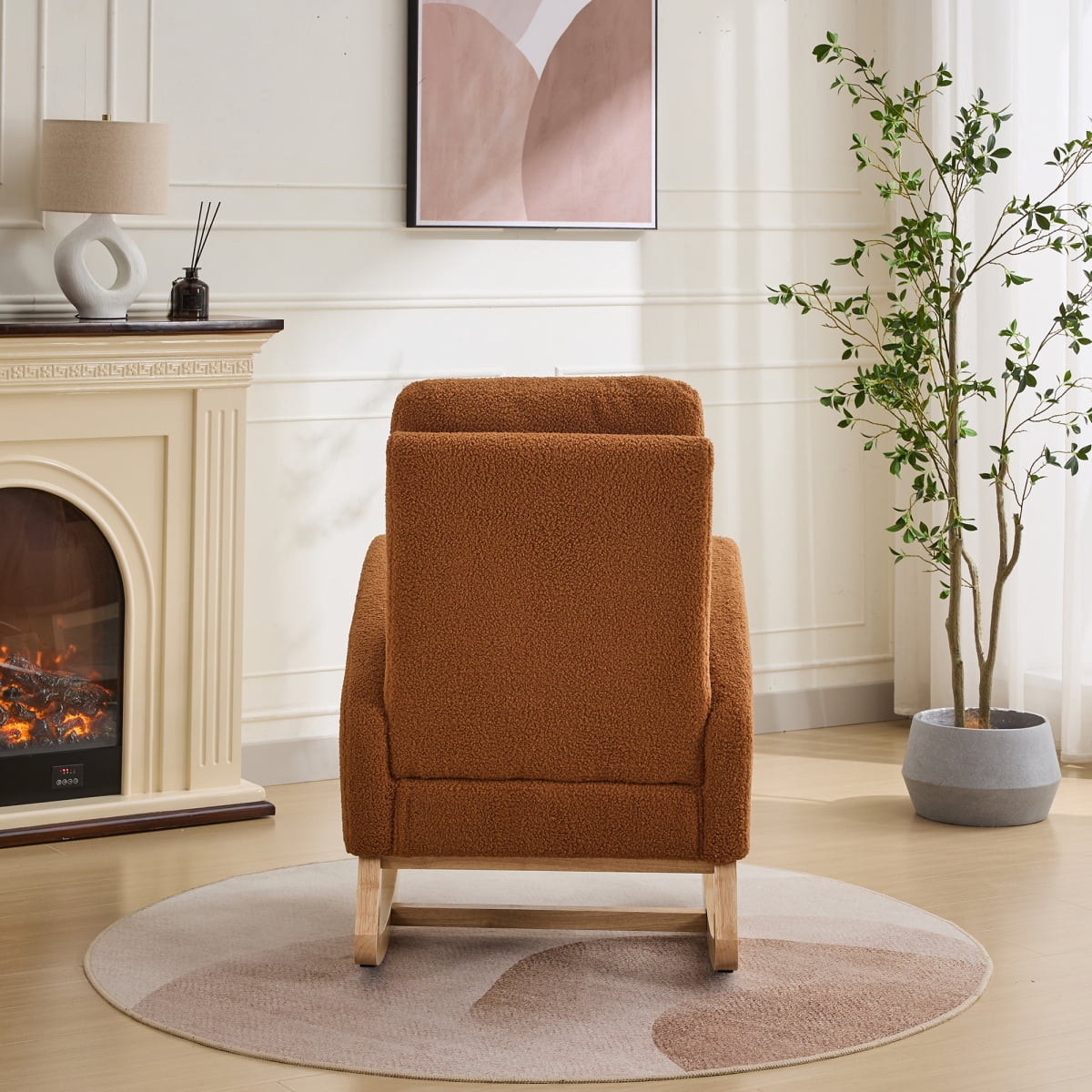 Miekor Furniture 27.2"W Rocking Chair for Nursery, Sherpa Glider Chair with High Back and Side Pocket, Rocking Accent Armchair with Rubber Wood Legs for Living Room/Bedroom.Caramel No9649