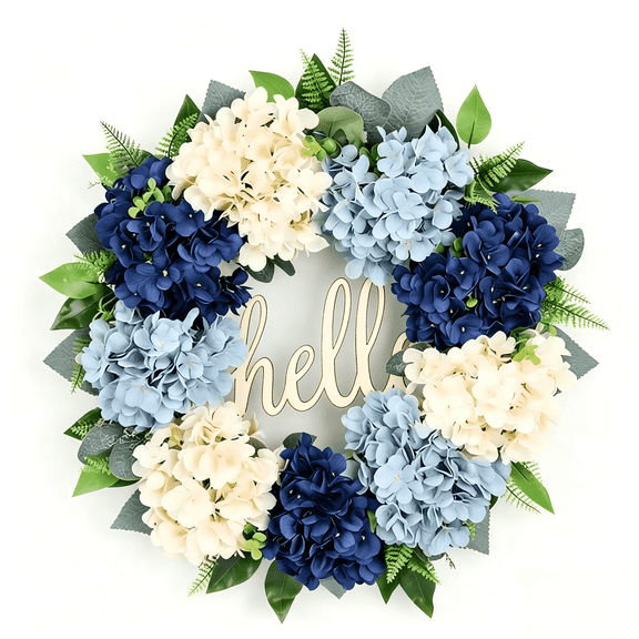 Fall Wreath for Front Door 18 Inch, Artificial Blue Cream Hydrangea Wreath with Hello Wooden Sign, Farmhouse Summer to Autumn Transitional Wreath, All Season Outdoor Indoor Decor for Porch Wall Windo