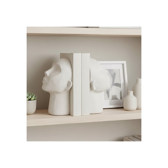 Sculptural Resin Textured Head Book Ends - Contemporary Bookshelf Decor and Book Accessories - Artistic Bookends for Office Spaces, Desk Decor, or Home Library Accents - Set of 2, 9", White