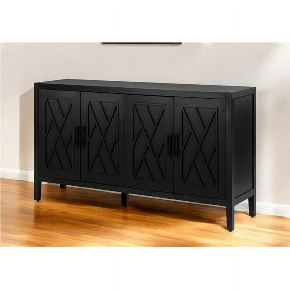 HomeRoots 568407 60 in. Black Distressed Wood Carved Geometric Sideboard with Four Doors
