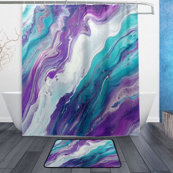 Bath Curtain & Non-Slip Bath Mat Set 12-Grommet Shower Curtain Memory Foam Bath Rug Blue and Purple Abstract Fluid