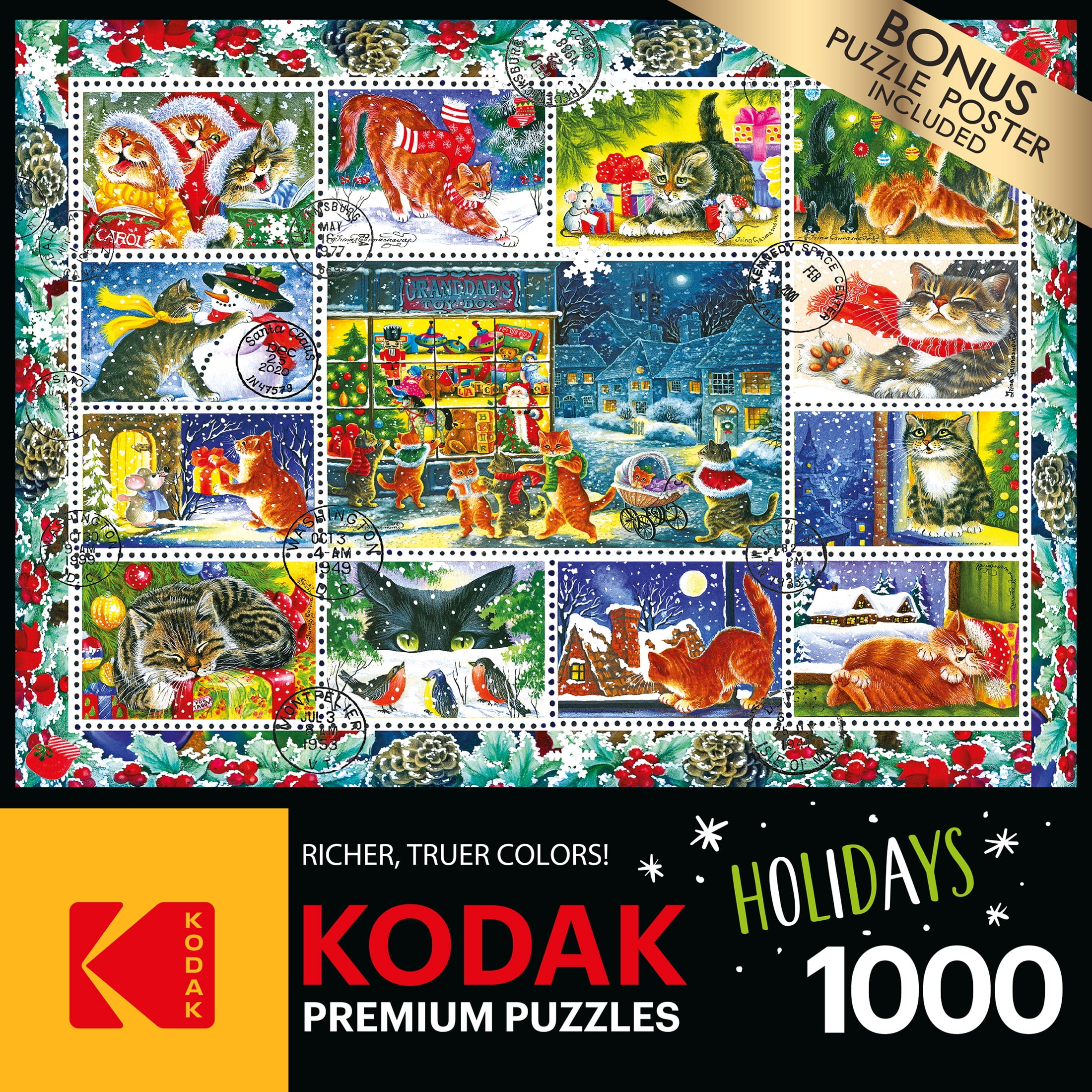 Cra-Z-Art Kodak 1000 Piece Christmas Cat Stamps Interlocking Jigsaw Puzzle