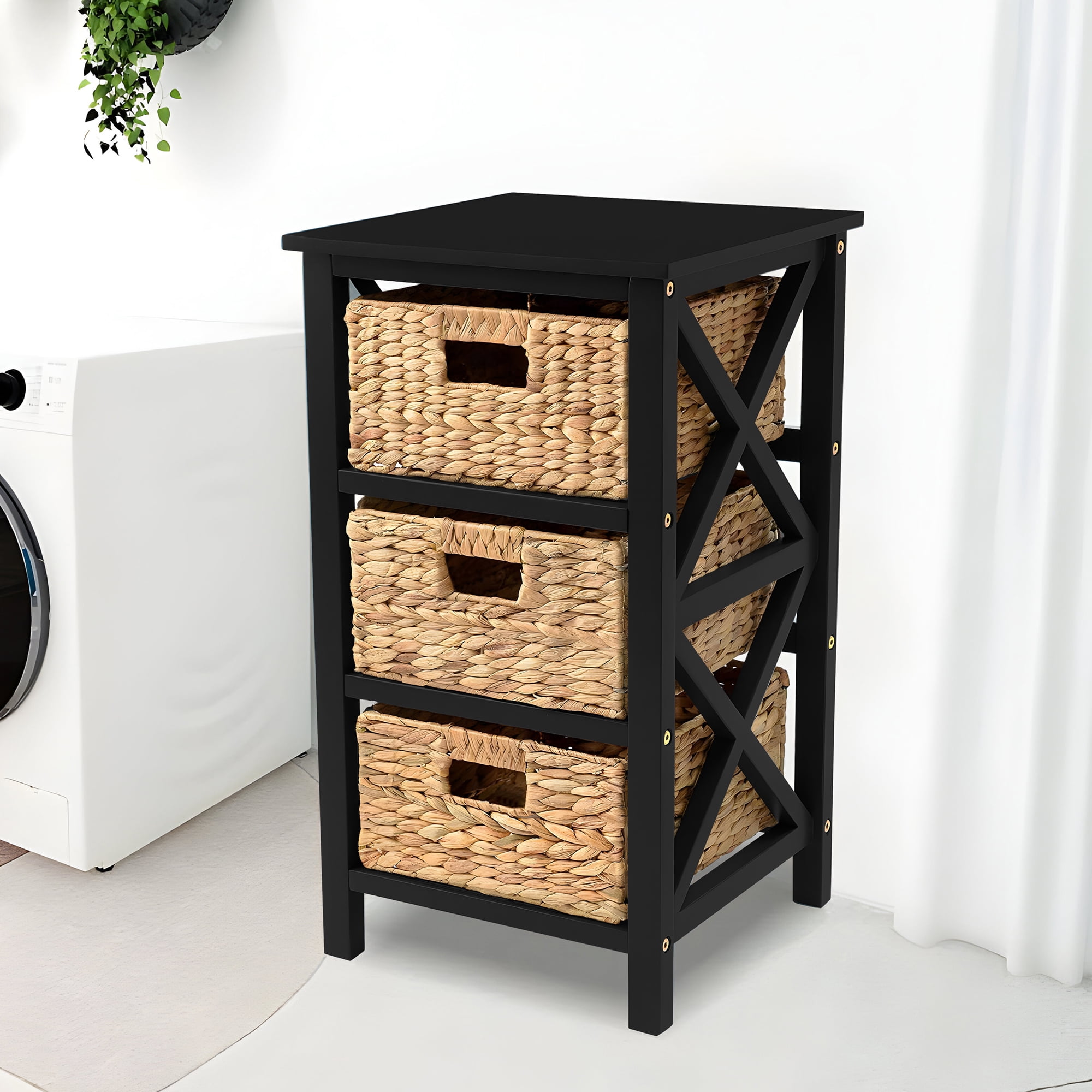 eHemco 3 Tier X-Side End Table Side Table Storage Cabinet with 3 Natural Water Hyacinth Wicker Baskets for Living Room, Black