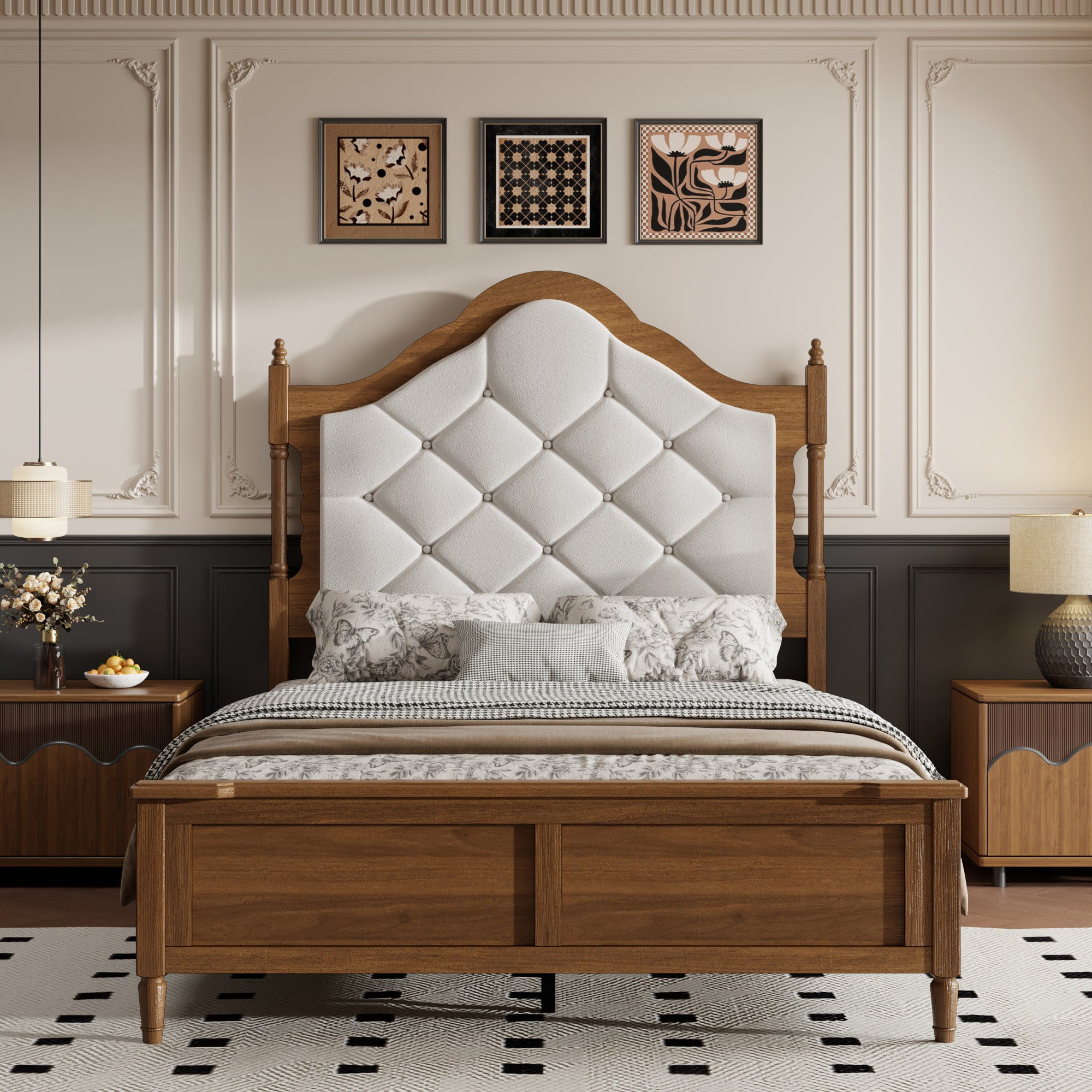 DEALTOPS Full Size Platform Bed Frame with Velvet Upholstered Headboard, Wood Farmhouse Bed, No Box Spring, Brown