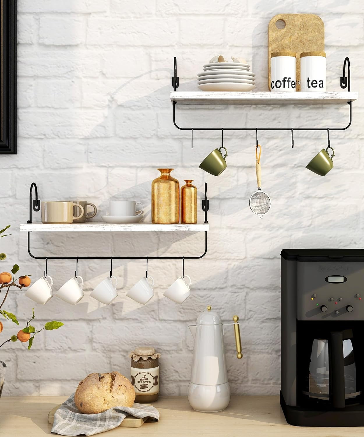 Afuly Wall Shelf with Hooks, Solid Wood Coffee Mug Holder Coffe Bar Organizer, Wall Mounted Farmhouse Kitchen Storage Rack ( 16", Set of 2, White)