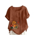 thumbnail image 3 of lcziwo Women's Summer Tops Casual Cotton Linen T Shirts Short Sleeve Round Neck Shirt Oversized Floral Graphic Tees Vacation Beach Outfits Coffee XXXL, 3 of 5