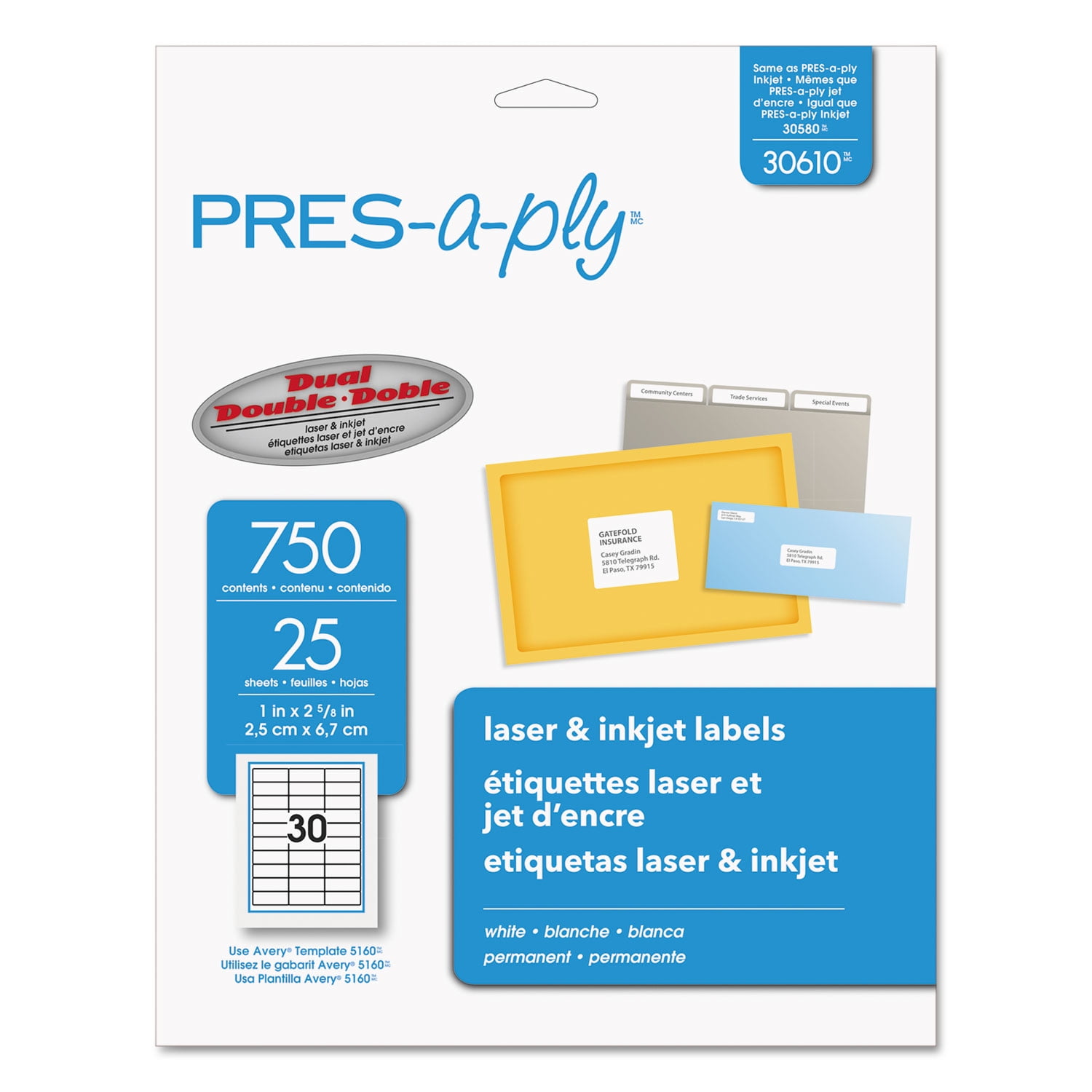 Pres-A-Ply Laser Address Labels 1 x 2 5/8 White 750/Pack 30610 ...