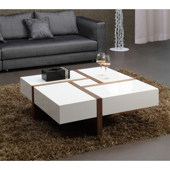 Modern White and Walnut Square Coffee Table with Storage