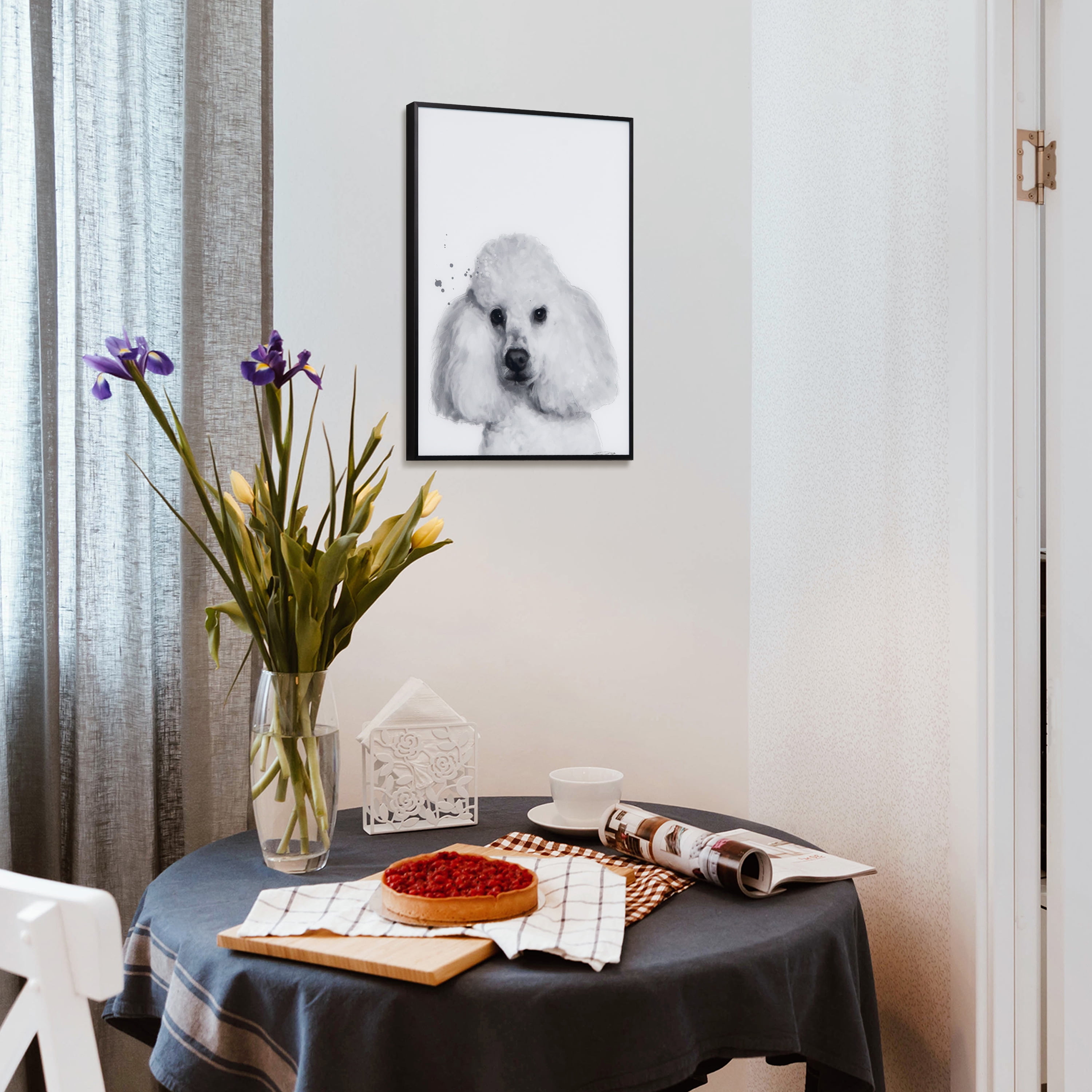 "Poodle" Black and White Pet Portraits on Reverse Printed Art Glass, Minimally Encased on Black Anodized Aluminum Frame