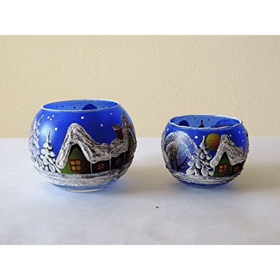 4-Inch Dia Candle Holder 2.3-Inch Dia Candle Holder, Christmas New Year Design Glass Candleholders, Blue Winter Candle Stand,