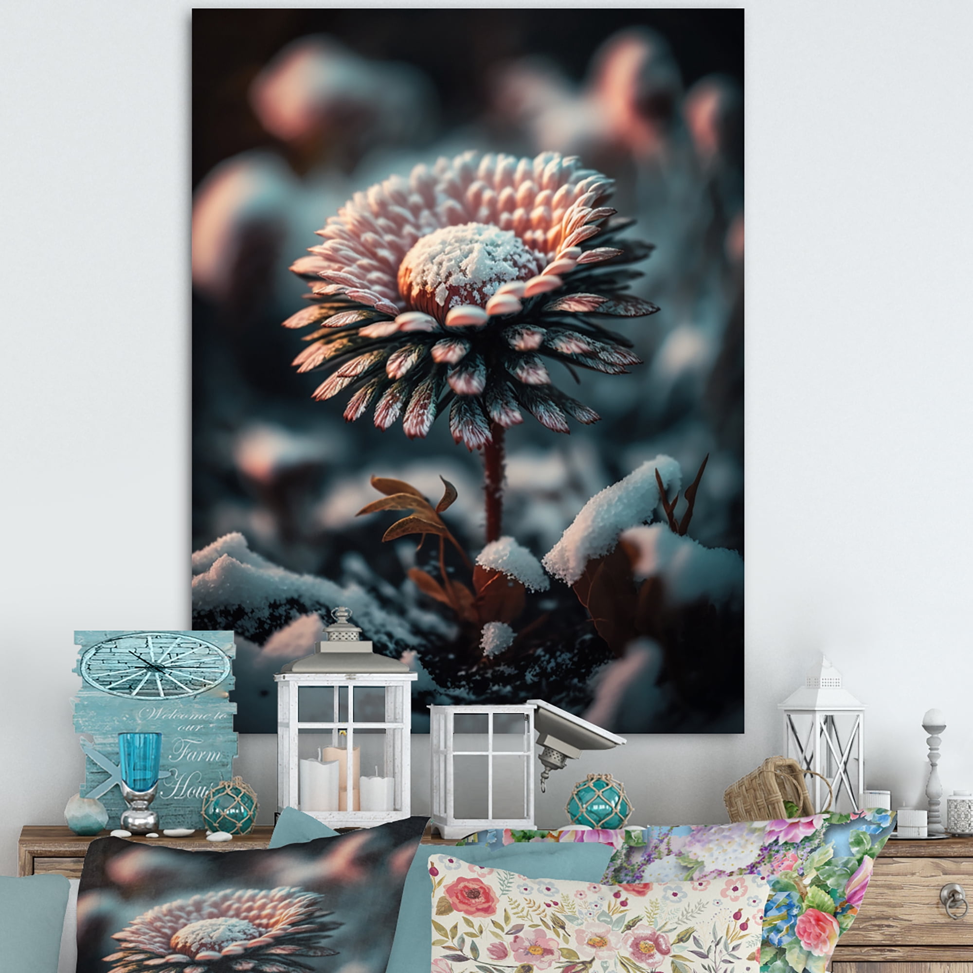 Designart A Blooming Pink Daisy Flower In Winter II Canvas Wall Art