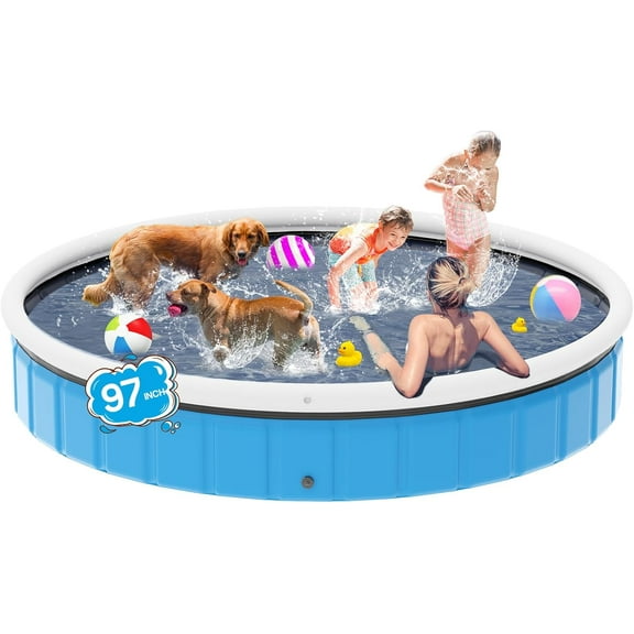 97in Extra Large Foldable Dog Pool, Big Portable Hard Plastic Swimming Pool for Kids, Dogs and Pets Collapsible Dog Bath Tub for Outdoor Backyard, 97" x 13"
