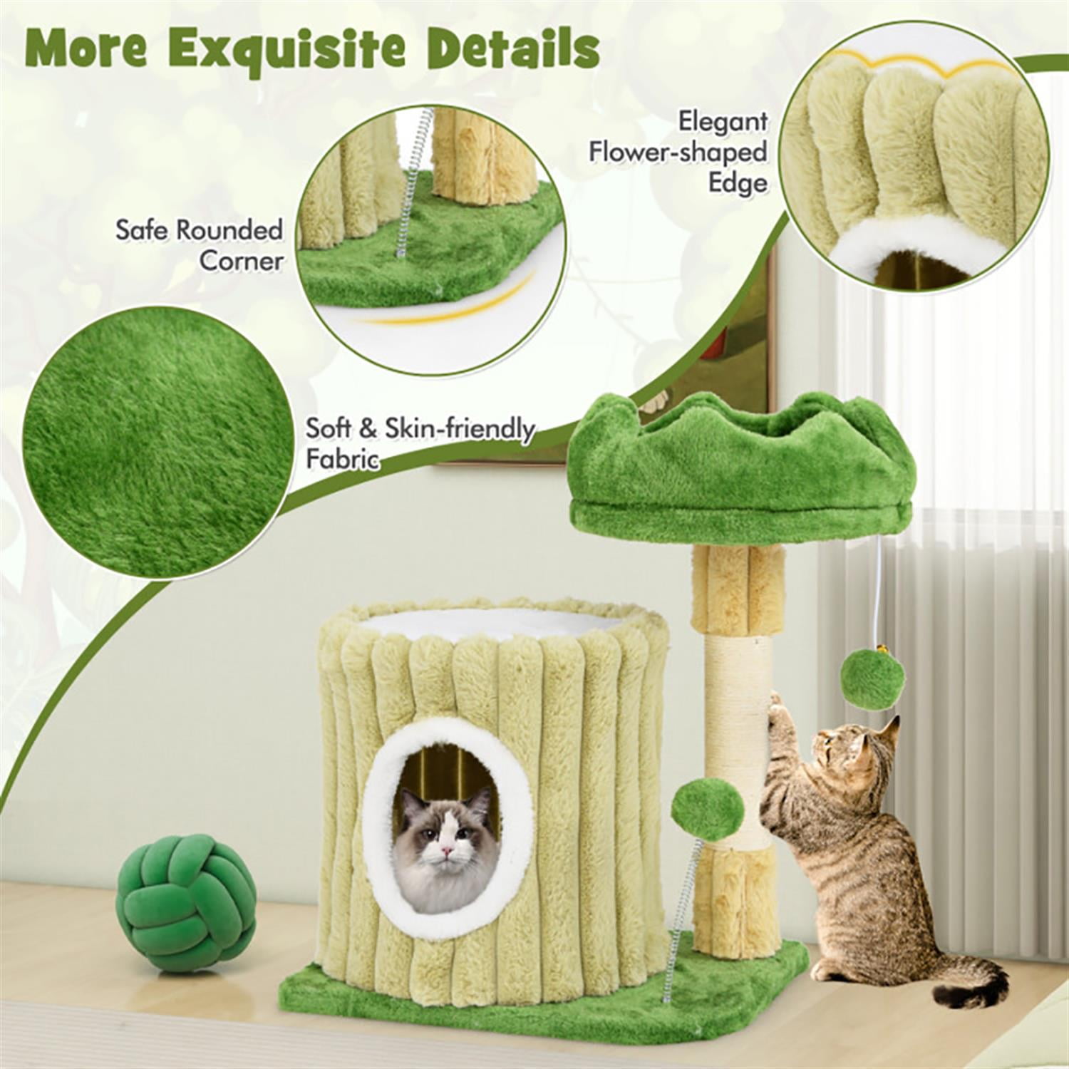 Kadyn 21" Cat Tree with Toy, Cat Tower Condo for Indoor Cats with Condos, Cozy Top Perch and Sisal Scratching Posts, Green