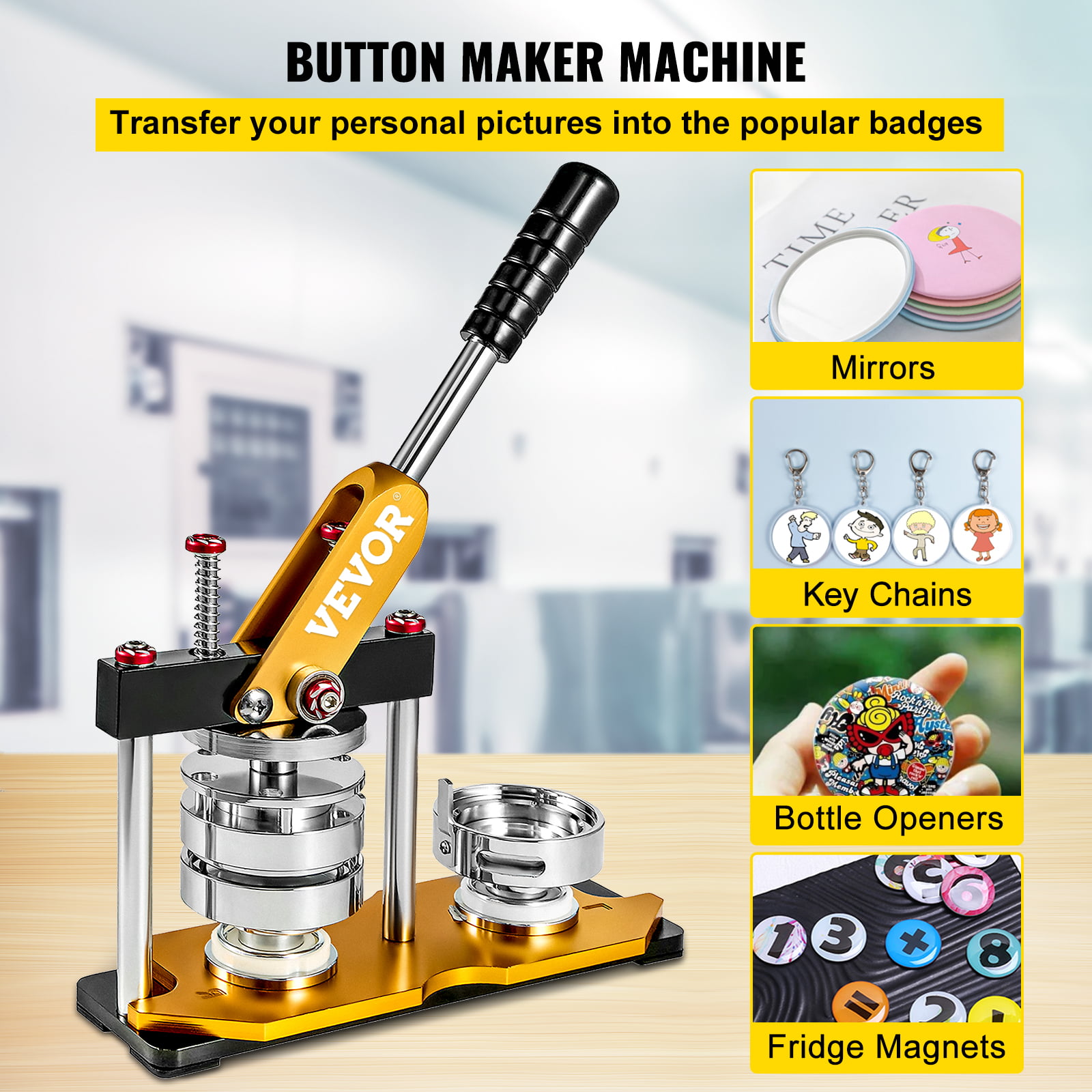 VEVORbrand Button Maker Machine 44 mm Button Badge Maker 1.73 Inch Red Pins  Punch Press Machine With 1000 Pcs Circle Button Parts And Circle Cutter 
