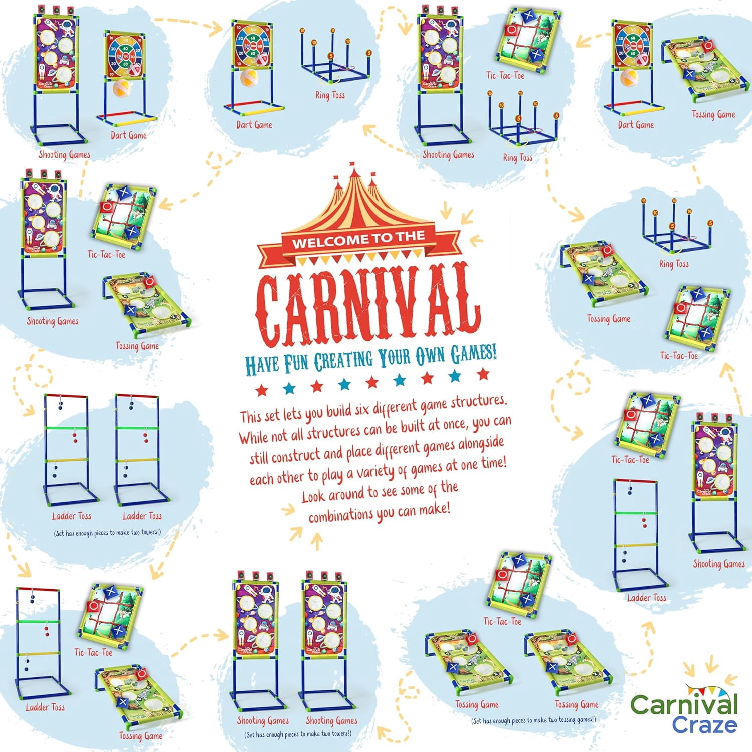 Carnival Yard Games for Kids - Ring Toss, Beanbag Cornhole, Ball Shooting Target Game, Ladder Toss, Darts Board, Tic Tac Toe, Birthday Party Activities, Backyard Outdoor Games and Indoor Family Fun