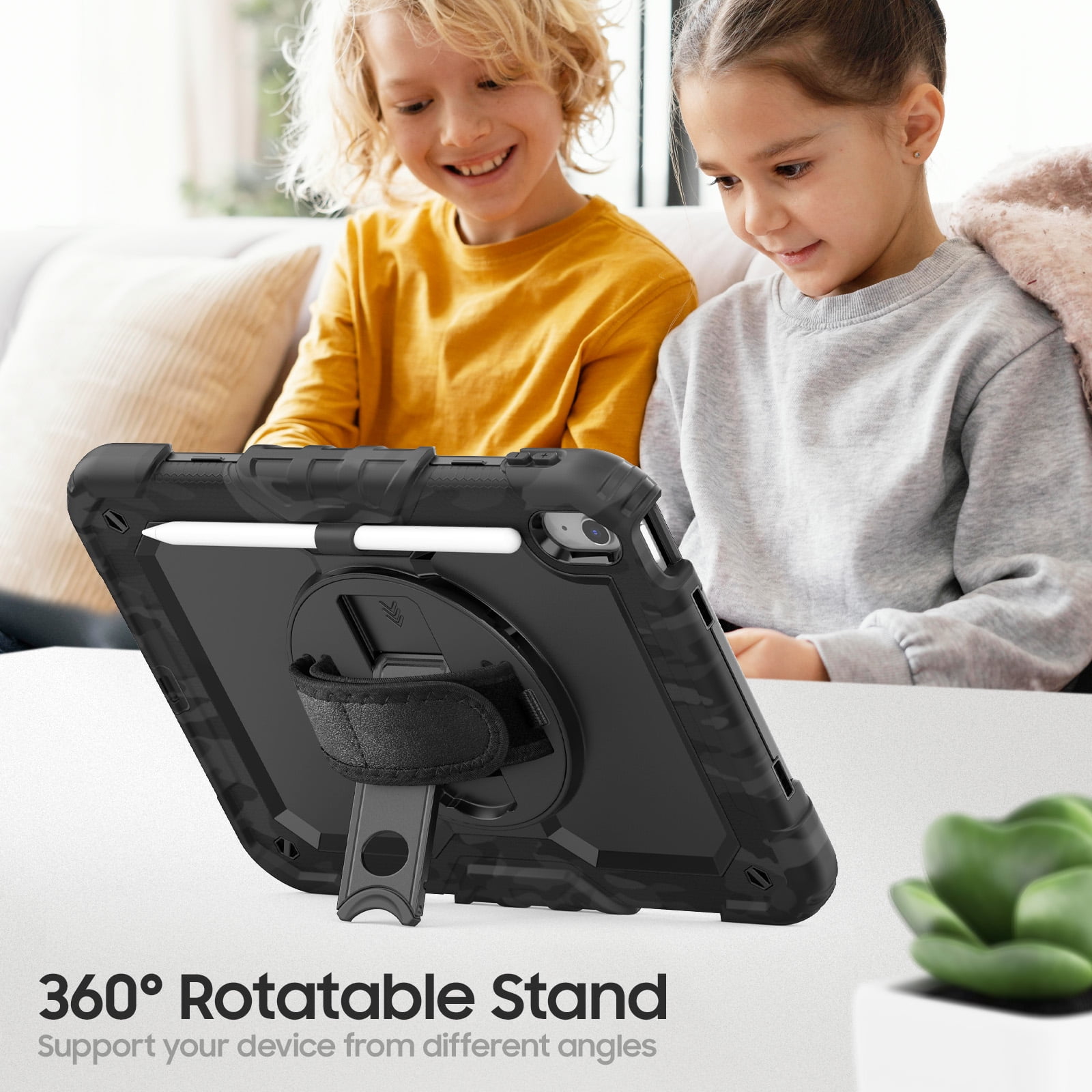 ELEHOLD Rugged Case for iPad 11th(A16) 2025/10th 2022, 360° Rotating Kickstand Hand Shoulder Strap Pencil Holder Built-in Screen Protector Full-Body Shockproof Protective Cover,Black
