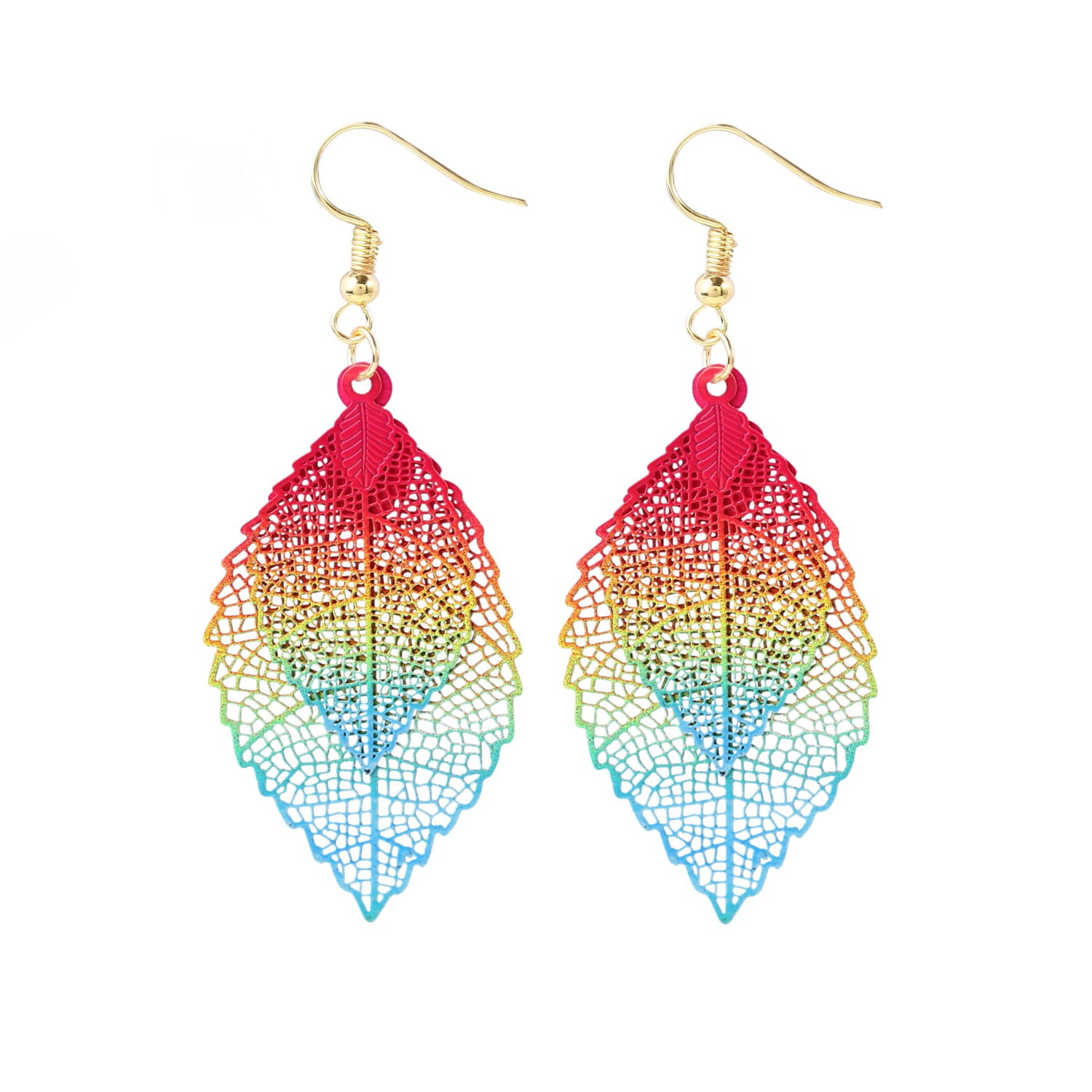 Fashion Metal Hollow Colorful Leaf Pendant Drop Hook Earrings Statement Jewelry