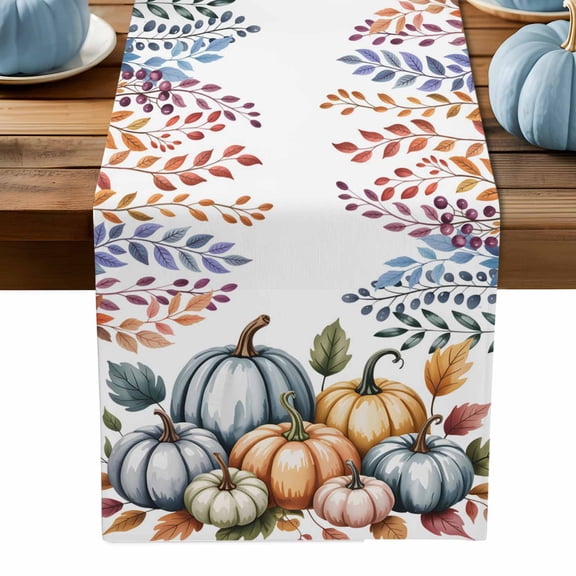 ERUNPONLY Orange Fall Pumpkins Table Runner - 108 Inch Long Eucalyptus Leaves Country Farmhouse Cotton Linen Blended Dress Scarves Farmhouse Table Runner for Kitchen Dining, Coffee Table, 13" x 108"