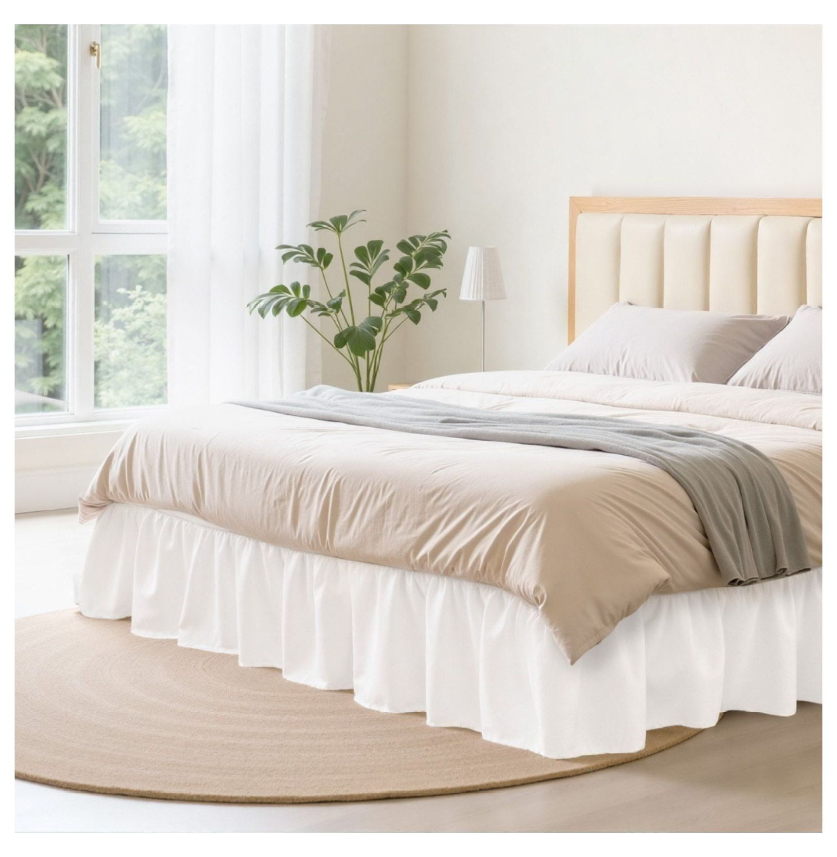 Queen Bed Skirt 15 Inch Drop White, Wrap Around 3 Sides Adjustable, Dust Ruffle with Elastic Strap, Wrinkle Resistant, Machine Washable for Queen Beds