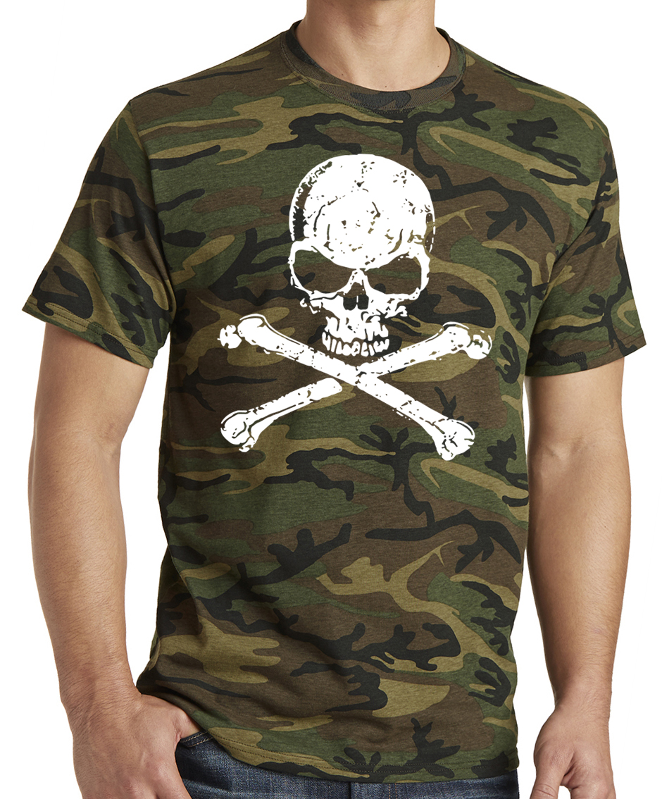 Men's Distressed White Biker Skull Logo Tee Shirt Military Camo