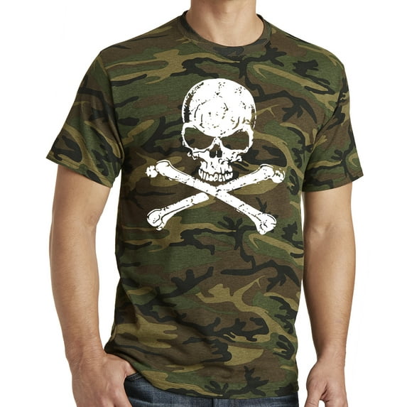 Men's Distressed White Biker Skull Logo Tee Shirt - Military Camo, Medium