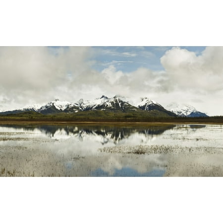 Reflection of snowcapped Chugach Mountains in Copper River Delta Chugach National Forest Southcentral Alaska Alaska USA Stretched Canvas - Panoramic Images (14 x 24)