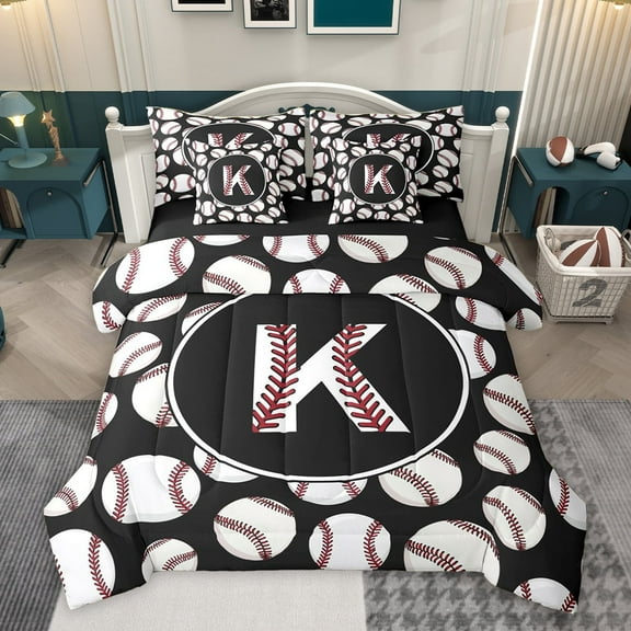 Homewish Baseball Initial Letter Twin Bedding Sets 7-Piece, Cartoon Monogrammed K Bedding Comforter Set, Kawaii Ball Print Reversible Sheet Sets, Lightweight Room Decor