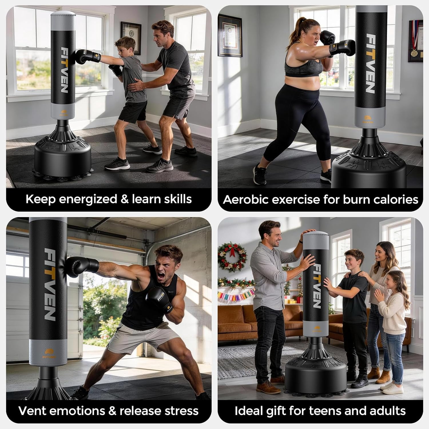 UPGO Freestanding Punching Bag with Boxing Gloves Heavy Boxing Bag with Suction Cup Base - Men Stand Kickboxing Bag, Integrated Sandbag