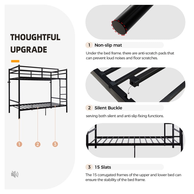 Twin Over Twin Metal Bunk Bed with Ladder, High Guardrails, Built-In Under Bed Storage Space, Sturdy Iron Frame, Noise-Reduced Design