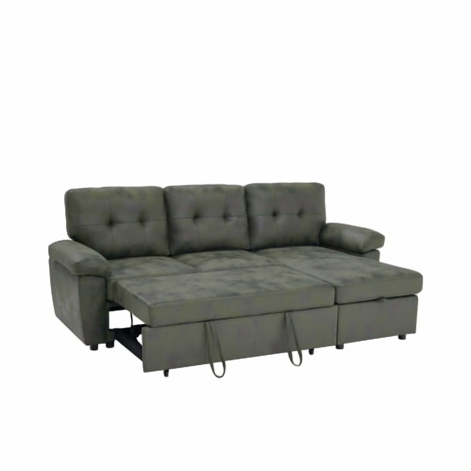 88.5" Convertible L-Shaped Pull-Out Sectional Sofa Bed with Storage Chaise & Soft Padded Armrests, Foil Fabric Upholstery, Olive Green