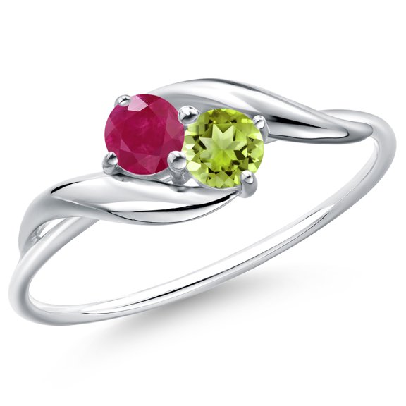 Gem Stone King 10K White Gold Round Red Ruby and Green Peridot Ring for Women | 0.46 Cttw | Round 3.5MM | Gemstone Birthstone | Wedding Engagement Anniversary Promise Ring for Women| Size 9