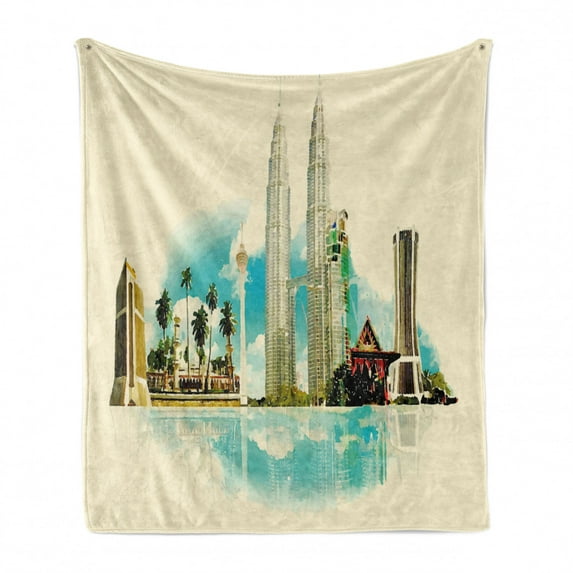 Landscape Soft Flannel Fleece Throw Blanket, East Kuala Lumpur Cityscape Buildings Palms Tropical Country Image Art, Cozy Plush for Indoor and Outdoor Use, 50" x 60", Multicolor, by Ambesonne
