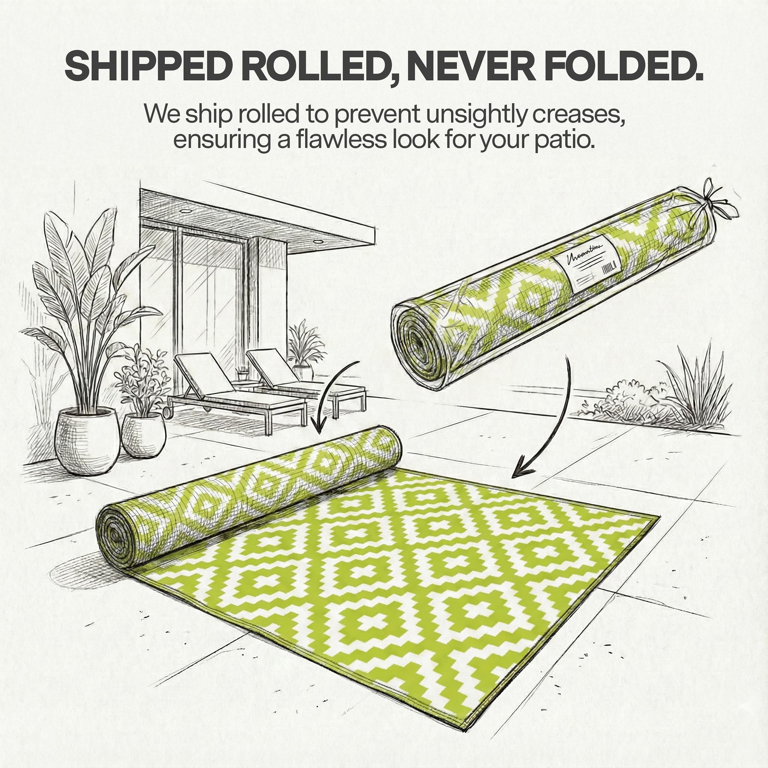 FH Home Outdoor Rug - Waterproof, Fade Resistant, Crease-Free - Premium Recycled Plastic - Geometric - Patio, Deck, Porch, Balcony, Laundry Room - Aztec - Green & White - 4 x 6 ft