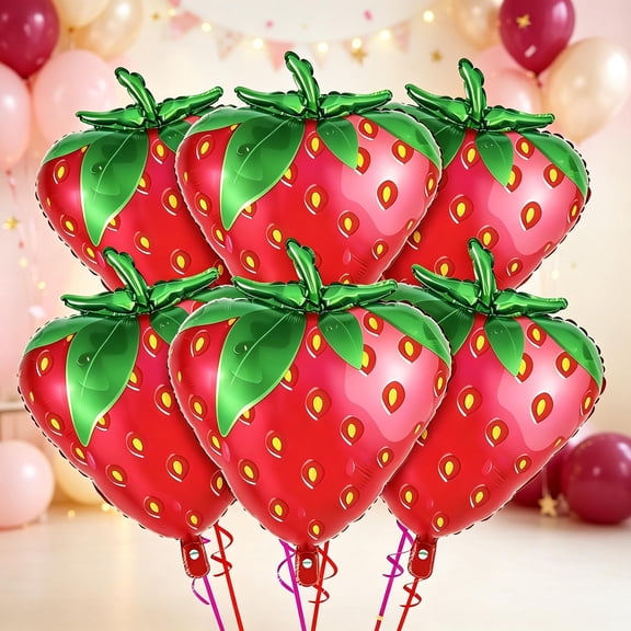 Gaukiv 6Pcs Strawberry Shaped Foil Balloons Fruit Theme Party Decorations for Birthday Wedding Summer Events, 15 Inch