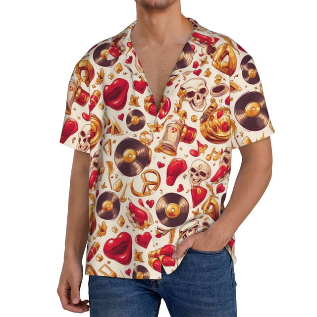 Fotbe Skull Retro record lips Camisa Estampada de Manga Corta para Hombre, Casual de Verano, Estilo Playero, Sin Arrugas-4X-Large
