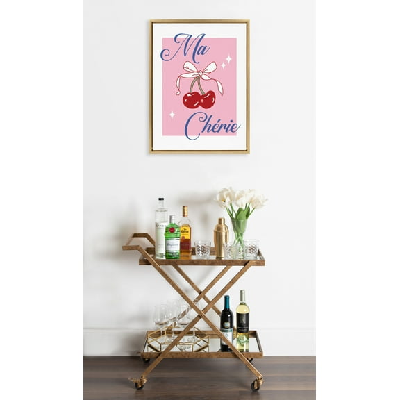 Kate and Laurel Sylvie Ma Cherie Framed Canvas Wall Art by Alli Standefer, 18x24 Bright Gold, Cute Colorful Cherry Art for Wall