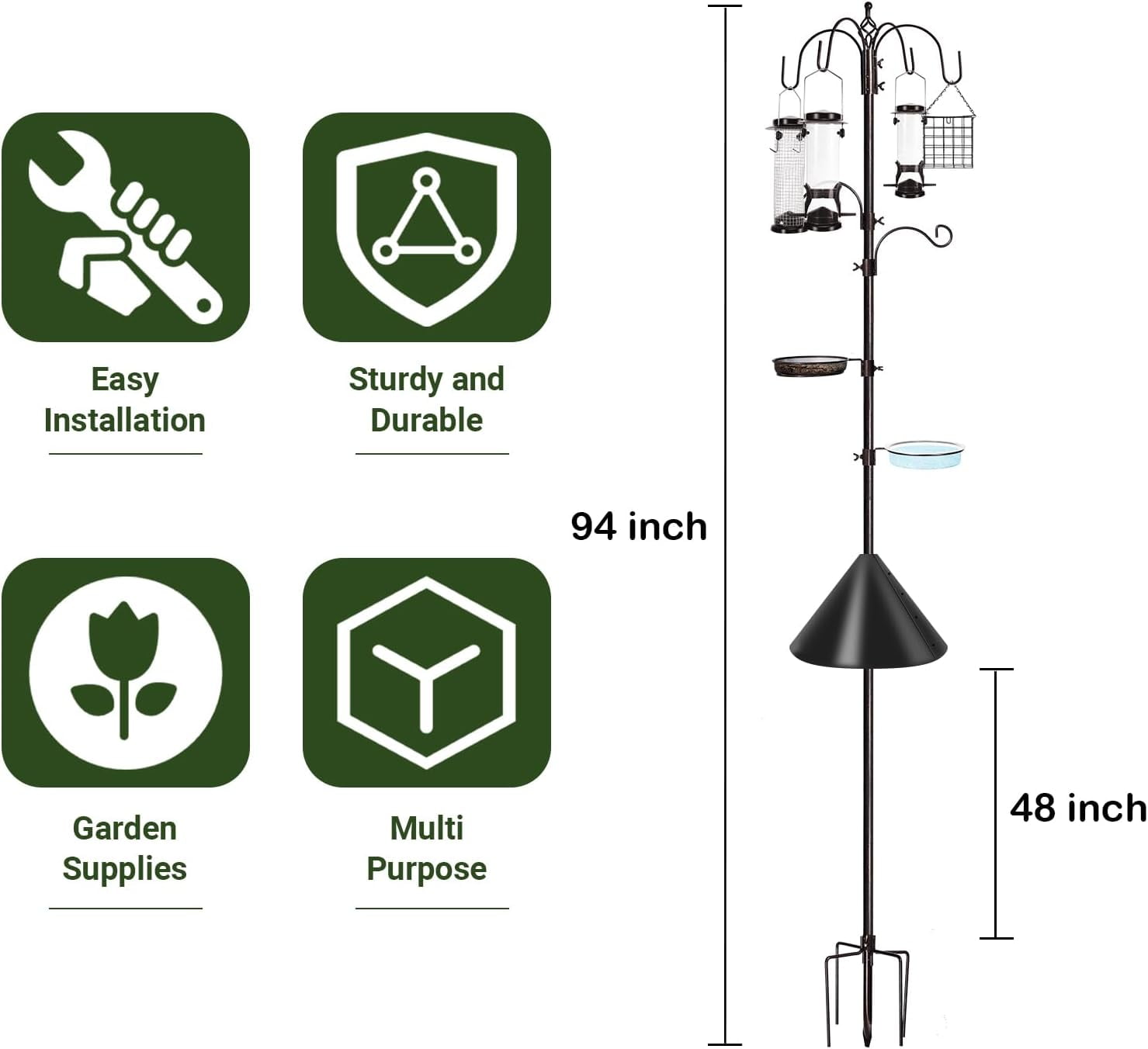 Bird Feeding Station Kit, 87 Inches Bird Feeder Pole, Premium Feeder Hanging Kit with Metal Suet, Water Bowl, Mesh Tray and Squirrel Baffle
