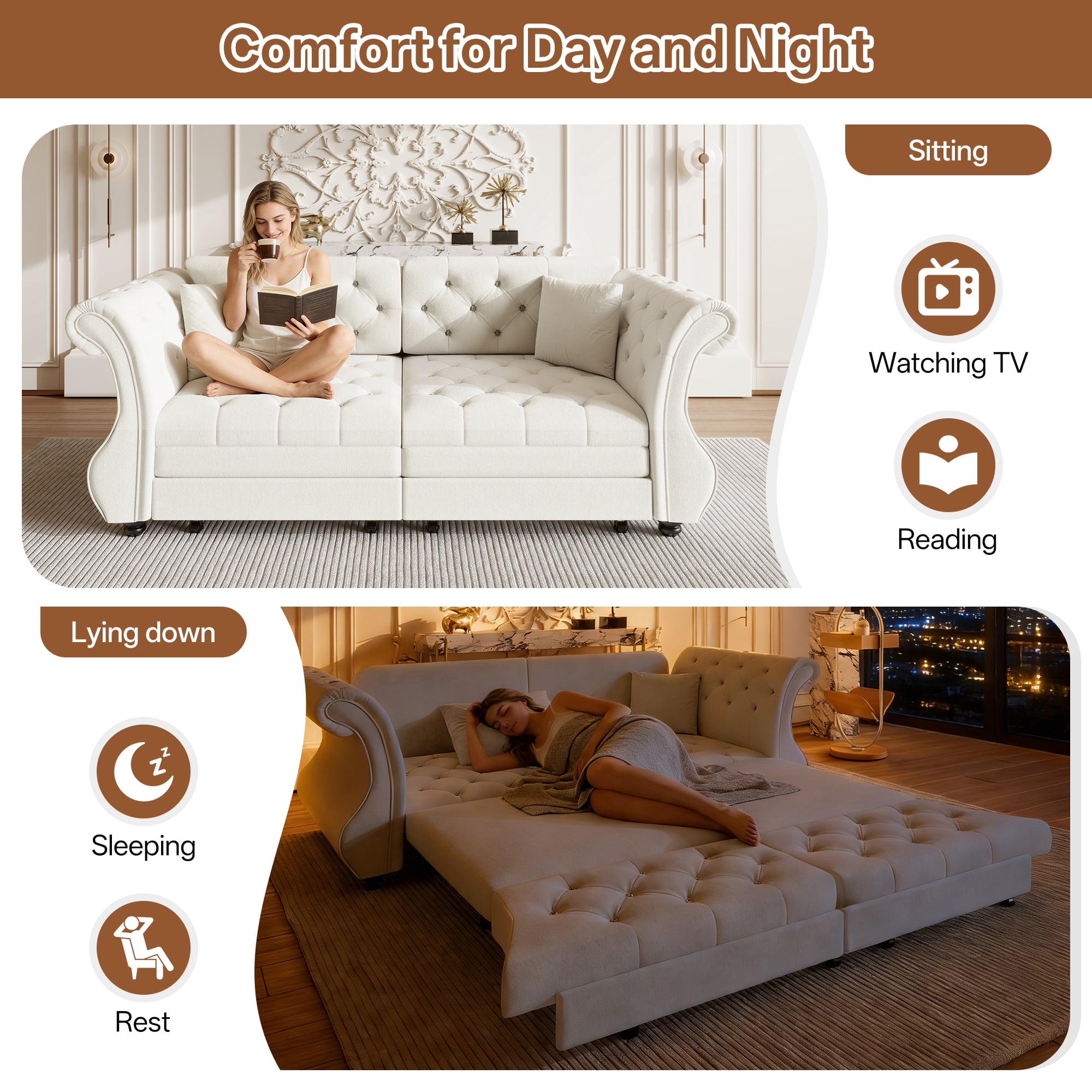 Chesterfield Pull Out Convertible Sofa Bed, Classic Flower Tufted Velvet Loveseat Sleeper Couch With Roll Arms and Pillows, for Living Room Apartment Office