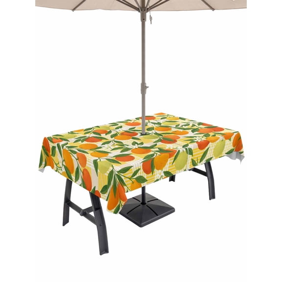 Outdoor Tablecloths with Umbrella Hole & Zipper, Green Orange Rectangle Tablecloth 60x120 Inch, Summer Botanical Leaves Watercolor Checkered Waterproof Table Cloth, Patio/Pool/Picnic Table Covers