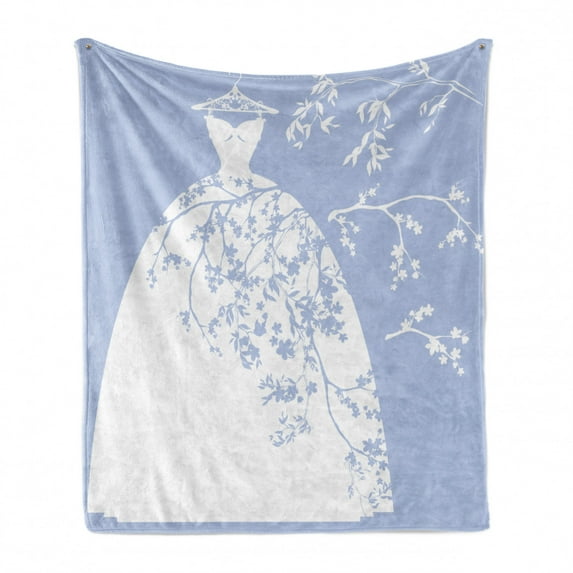 Bridal Shower Soft Flannel Fleece Blanket, Wedding Bride Dress with Floral Swirl Details Image Artowrk Print, Cozy Plush for Indoor and Outdoor Use, 60" x 80", Violet Blue and White, by Ambesonne